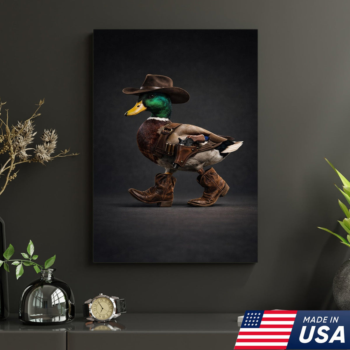 Funny Western Duck Canvas – Cowboy Duck Wall Art – Hunting Decor