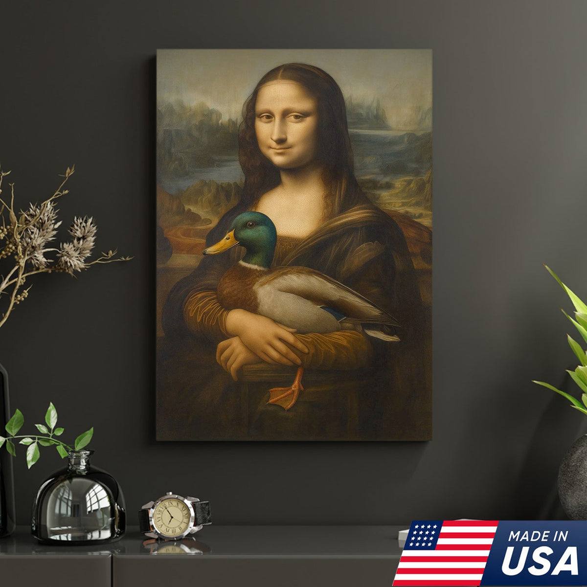 Funny Mona Lisa Duck Canvas Wall Art, Quirky Parody Painting Print for Bathroom or Office