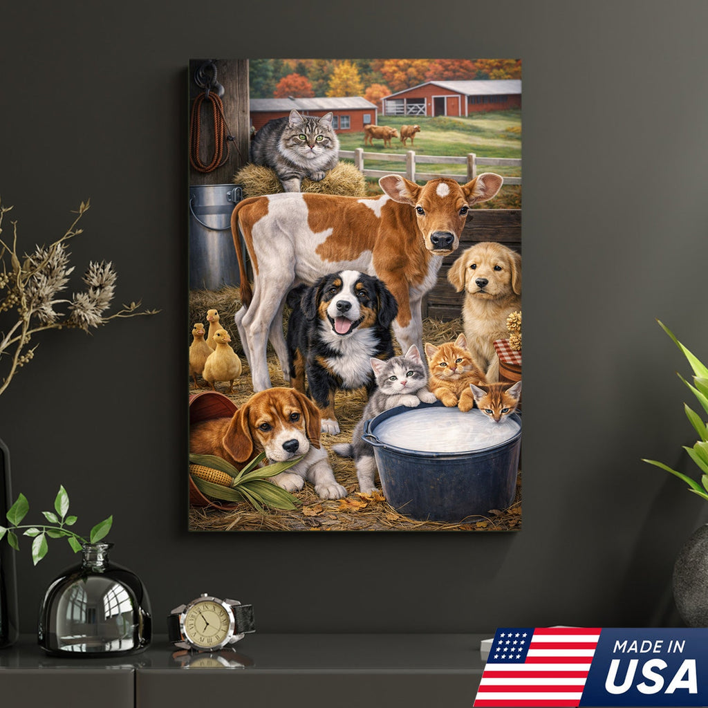 Farm Animals Canvas Wall Art – Cute Barn Animal Painting Cow Dog Cat Farm Decor