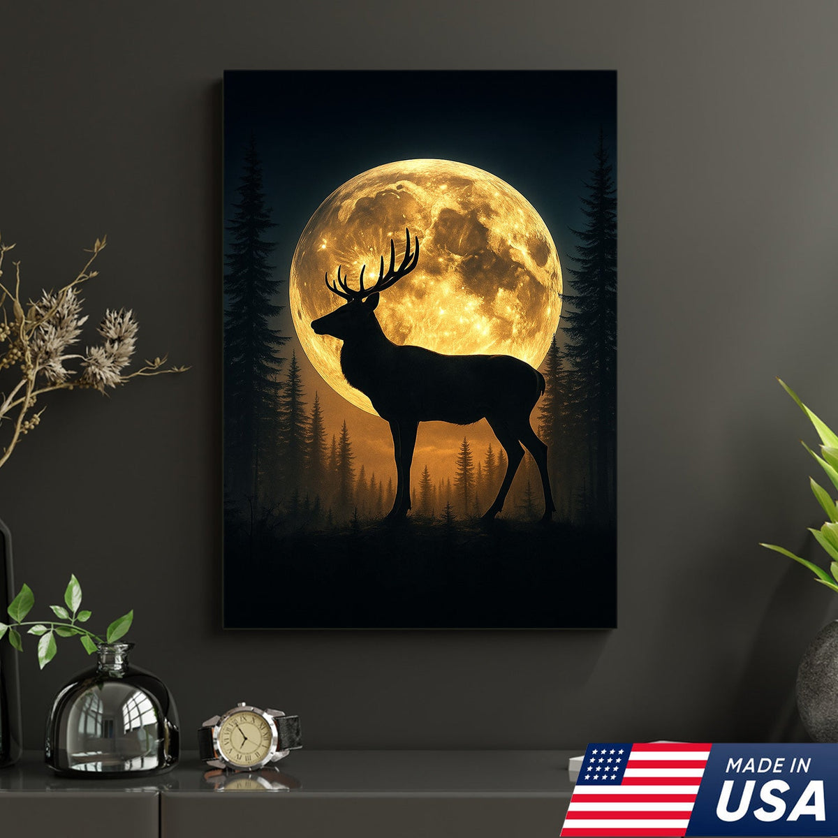 Moonlit Deer Silhouette Canvas – Rustic Forest Wall Art for Cabin & Lodge Decor