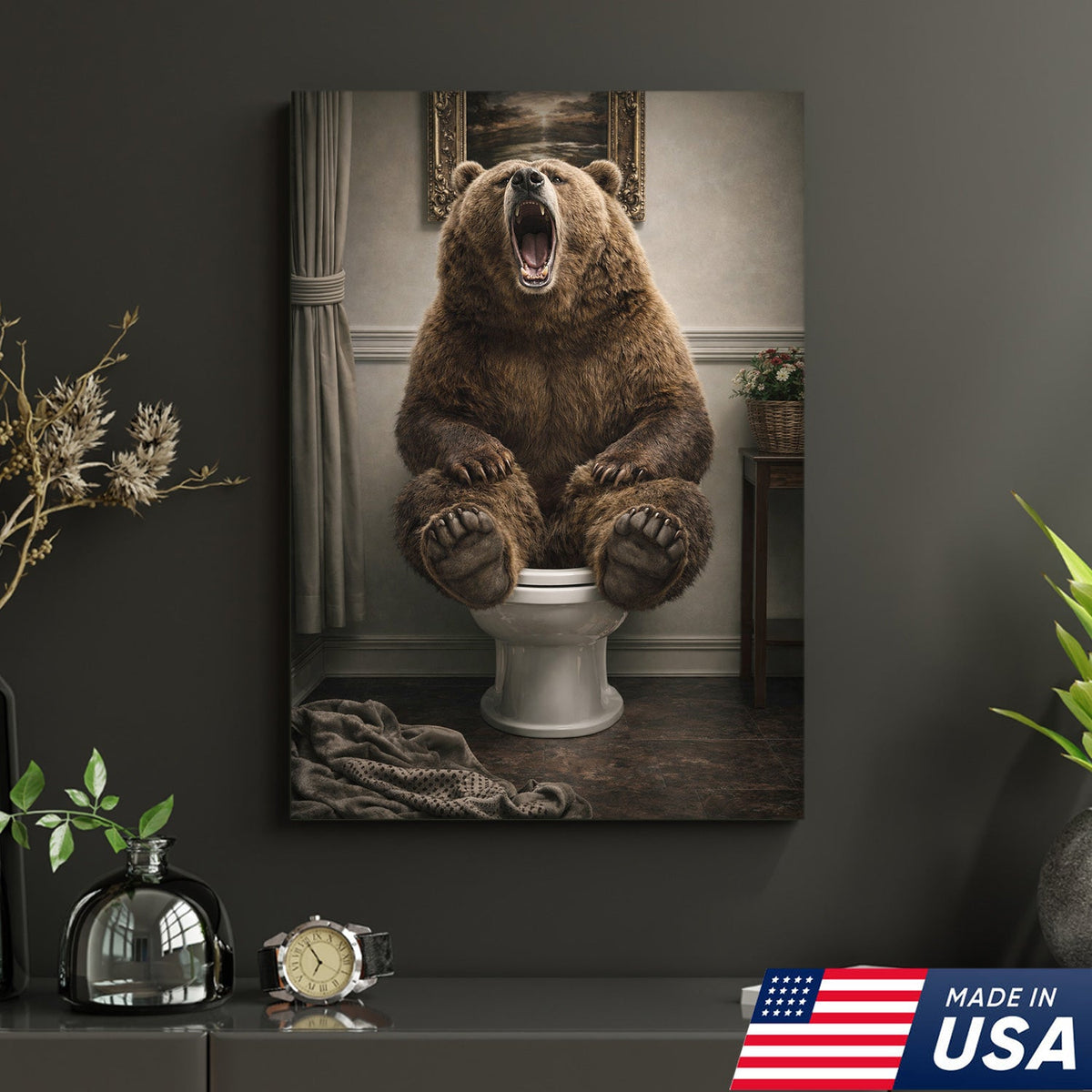 Funny Roaring Bear Bathroom Canvas Wall Art – Bear On Toilet Painting