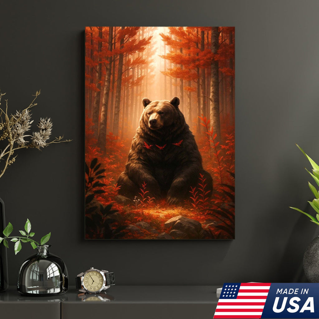 Autumn Forest Bear Canvas Wall Art, Majestic Brown Bear in Fall Woodland