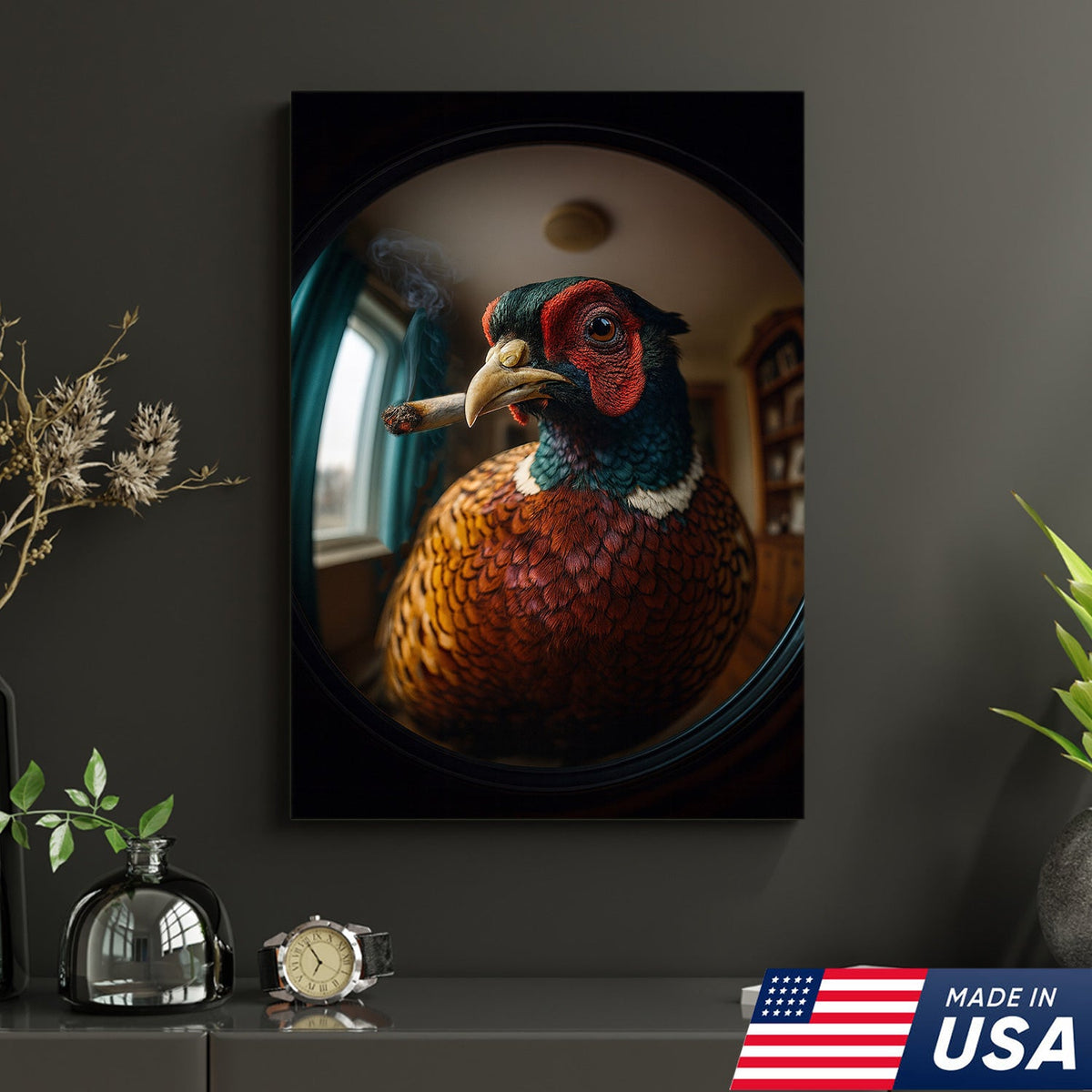 Funny Pheasant Wall Art Smoking Bird Print for Man Cave Decor - Unique Hunting Gift