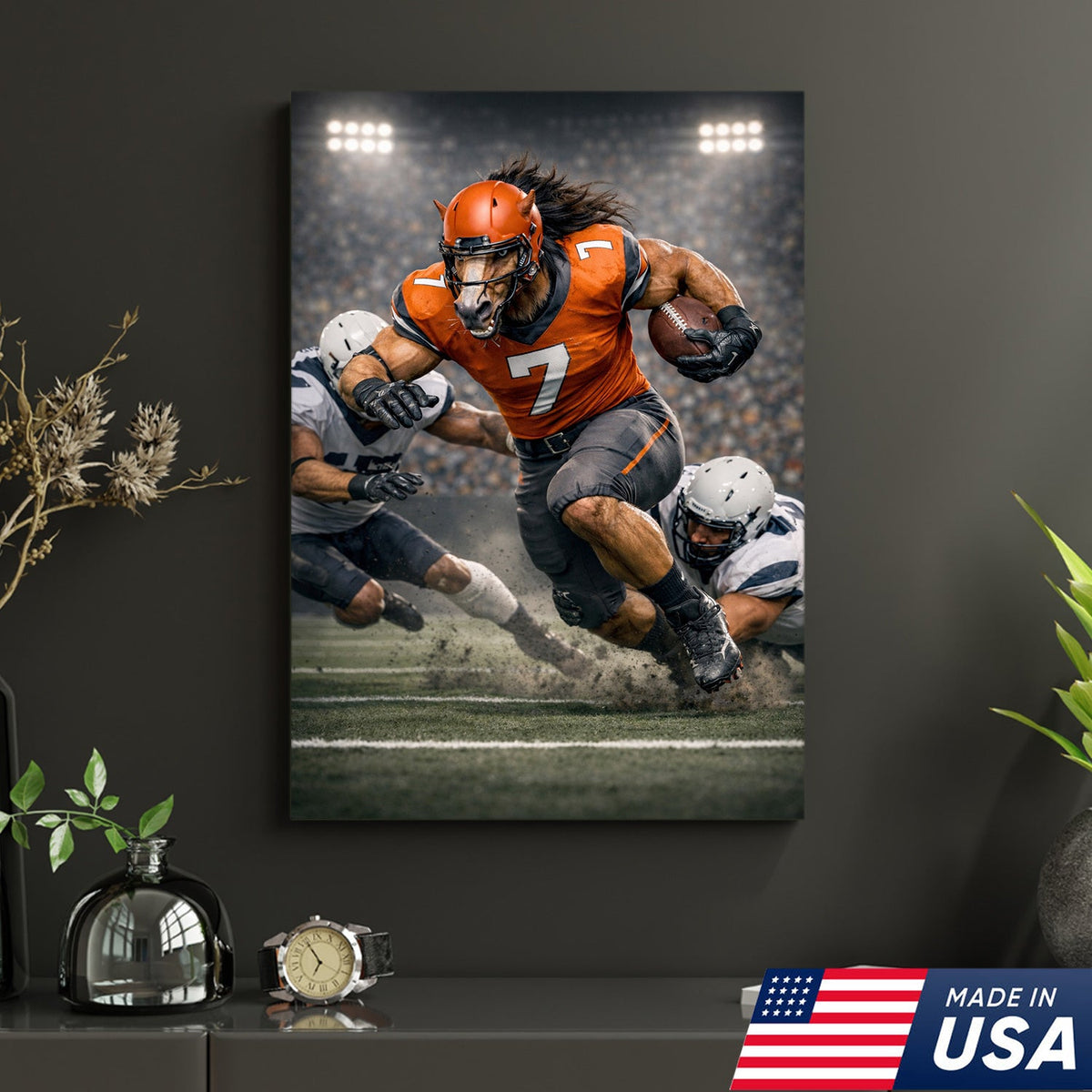 Wild Stallion Football Canvas Wall Art – Powerful Horse Athlete Stadium Action Print