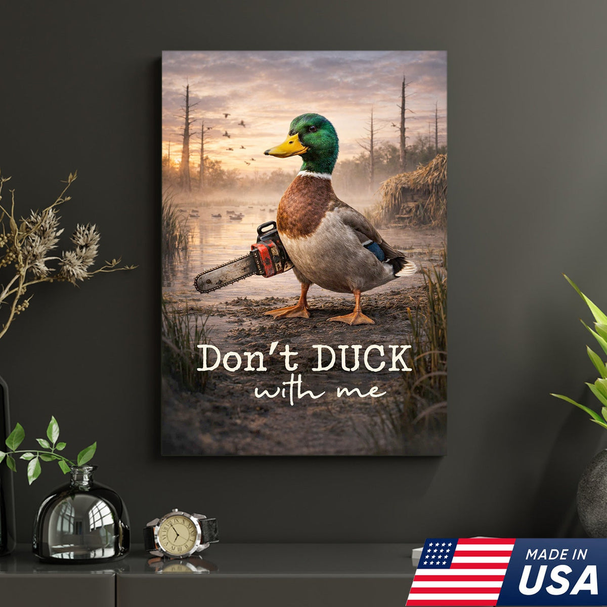 Don’t Duck With Me Canvas Wall Art, Funny Duck Chainsaw Artwork