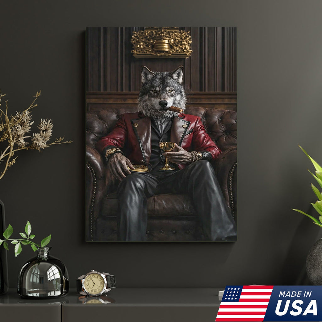 Luxury Alpha Wolf Canvas Wall Art, Aristocratic Wolf Gentleman Portrait