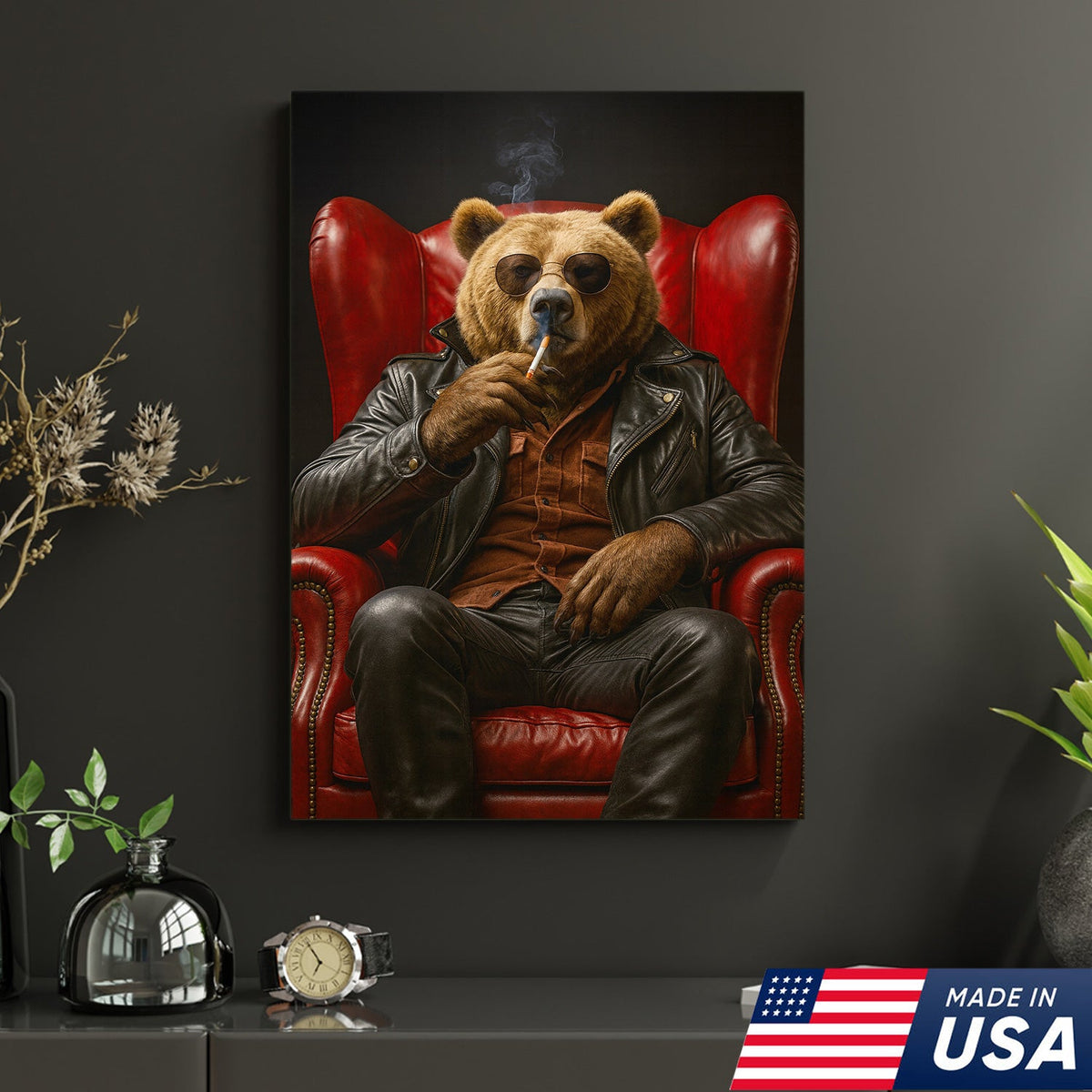 Cool Smoking Bear Wall Art Canvas – Badass Leather Chair Bear Canvas Print for Man Cave Decor