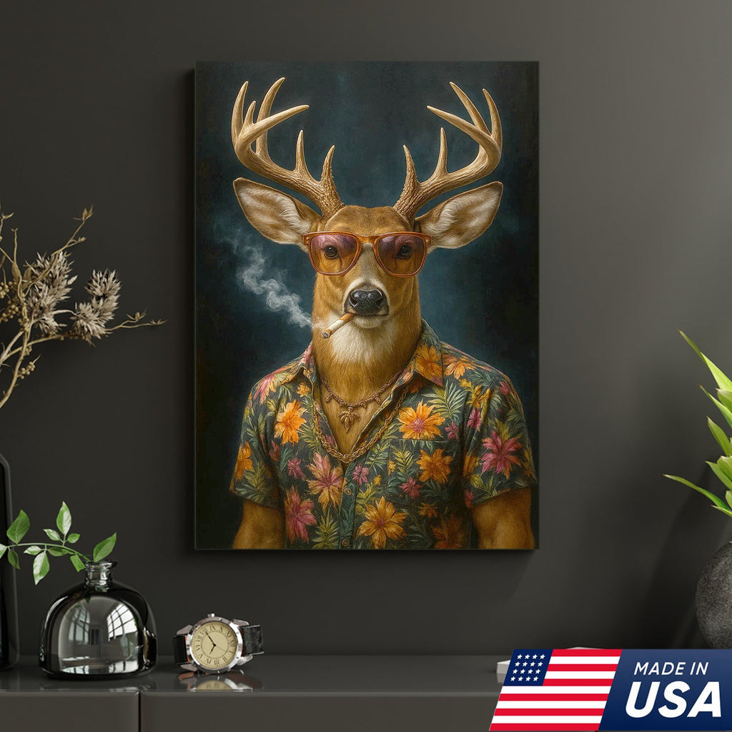 Cool Deer Smoking Canvas Wall Art, Funny Animal Portrait Artwork, Retro Hunter Gift Decor
