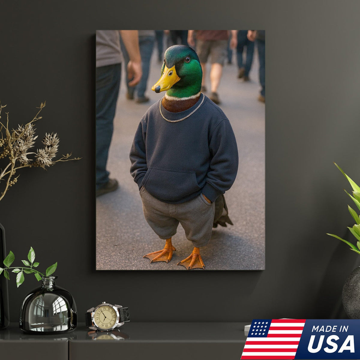 Funny Duck Canvas Wall Art, Cool Mallard in Hoodie Streetwear Poster