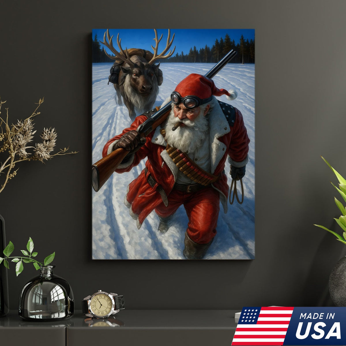 Action Santa Sprinting with Reindeer Canvas Wall Art, Epic Winter Christmas Decor