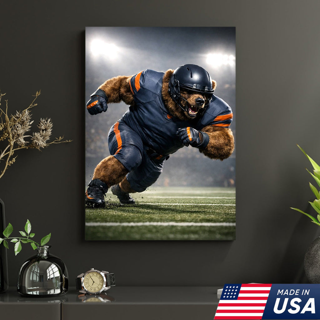 Raging Grizzly Football Canvas Wall Art – Powerful Bear Athlete Stadium Action Print