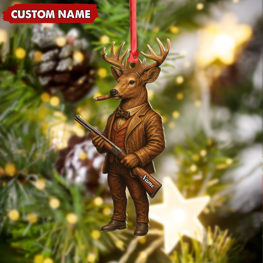 Personalized Acrylic Deer Hunter Christmas Ornament – Custom Name Rustic Hunting Lodge Decor