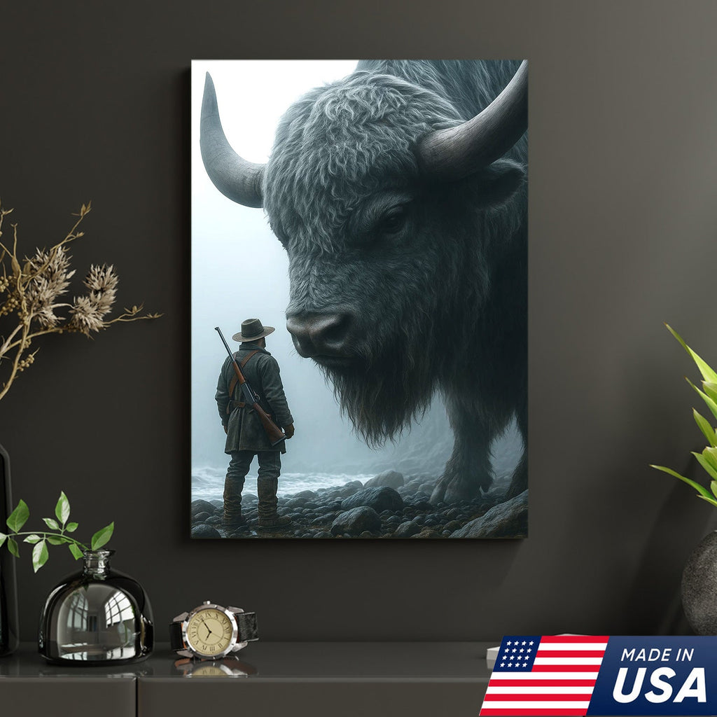 Giant Bison and Cowboy Wall Art Canvas, Western Hunter Standing by Buffalo Print