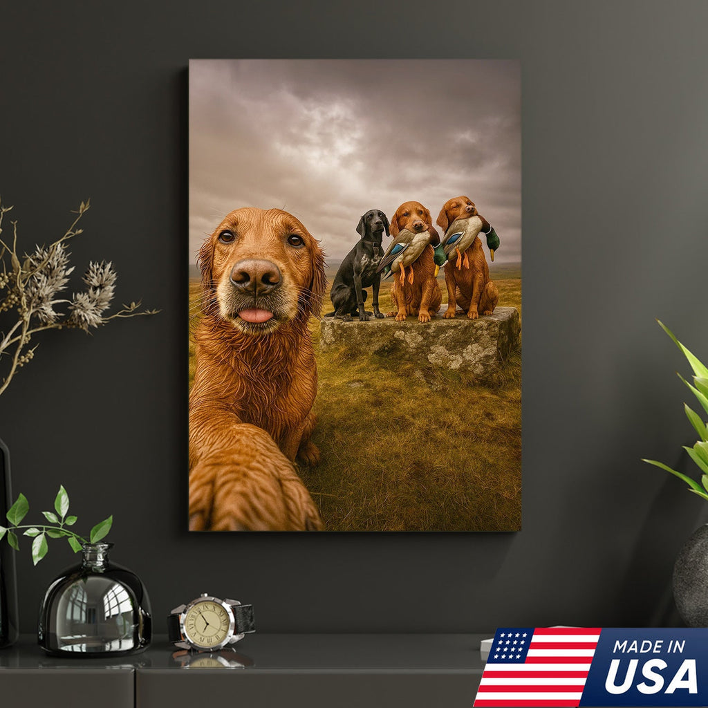 Hunting Dogs Selfie Canvas Art – Funny Retriever Group Photo with Ducks