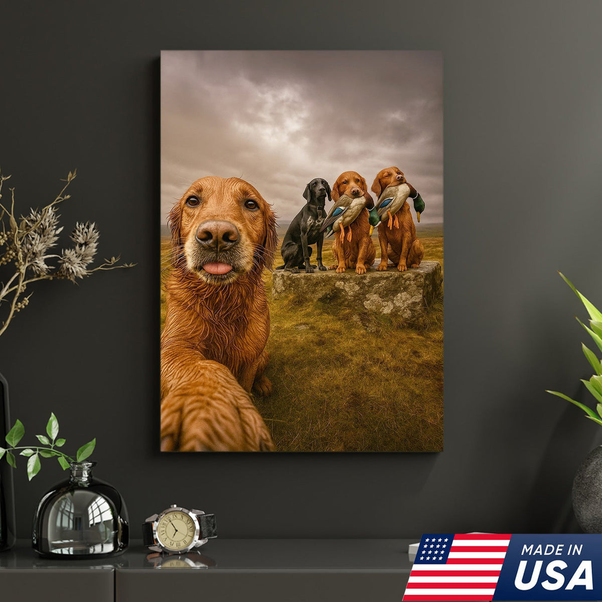 Hunting Dogs Selfie Canvas Art – Funny Retriever Group Photo with Ducks