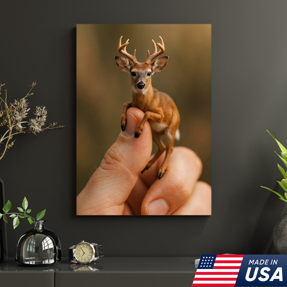 Tiny Deer Canvas Wall Art – Unique Whimsical Wildlife Print – Rustic Cabin and Lodge Decor
