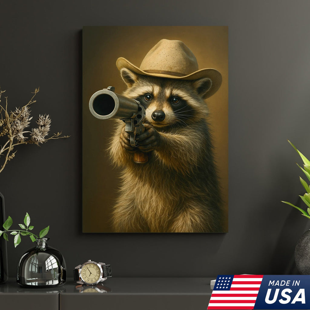 Cowboy Raccoon with Revolver Canvas Wall Art, Funny Western Critter Decor