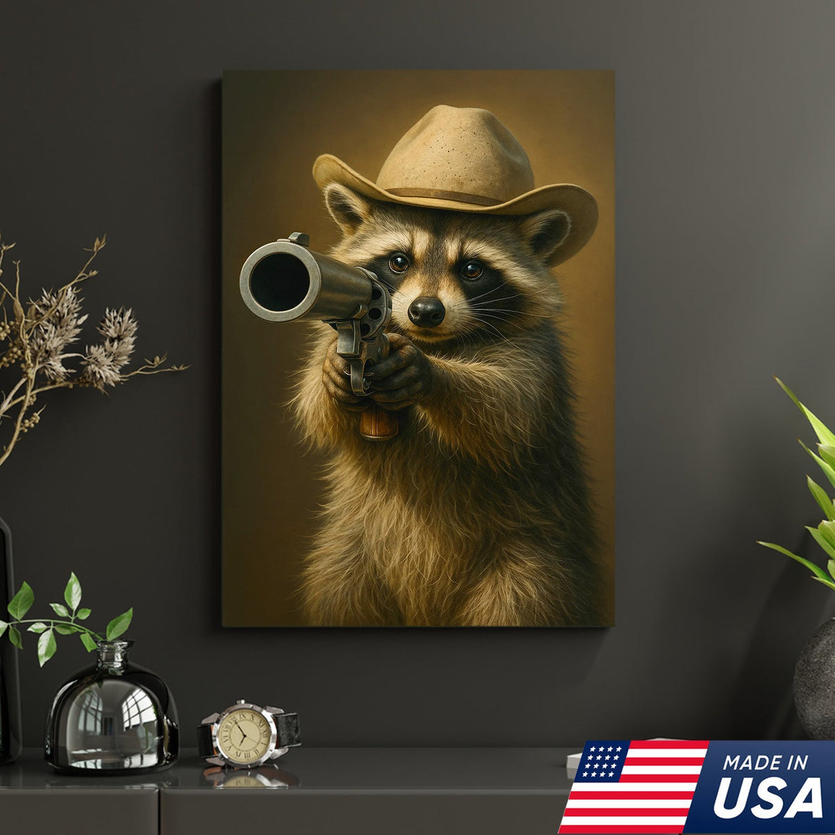 Cowboy Raccoon with Revolver Canvas Wall Art, Funny Western Critter Decor