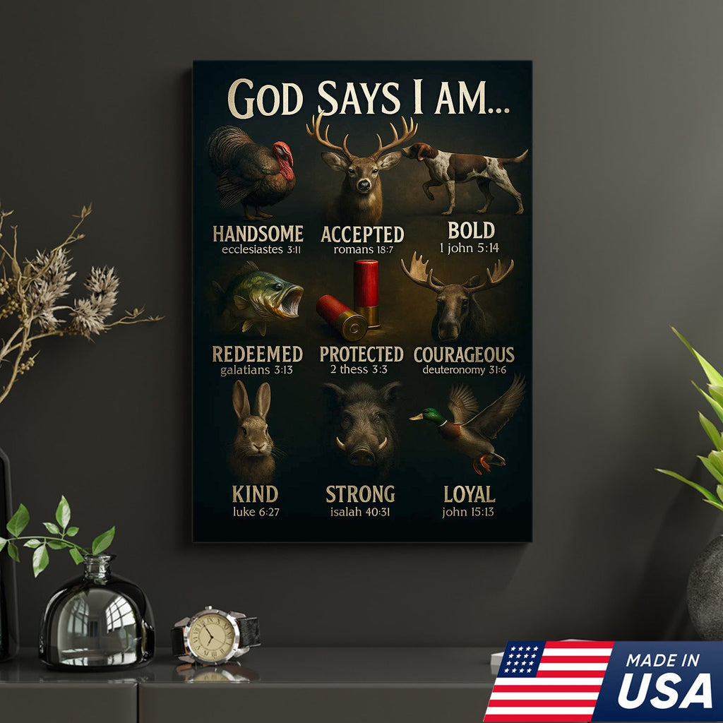 God Says I Am Hunting Canvas, Christian Wildlife Wall Art with Deer, Turkey, Duck, and Moose