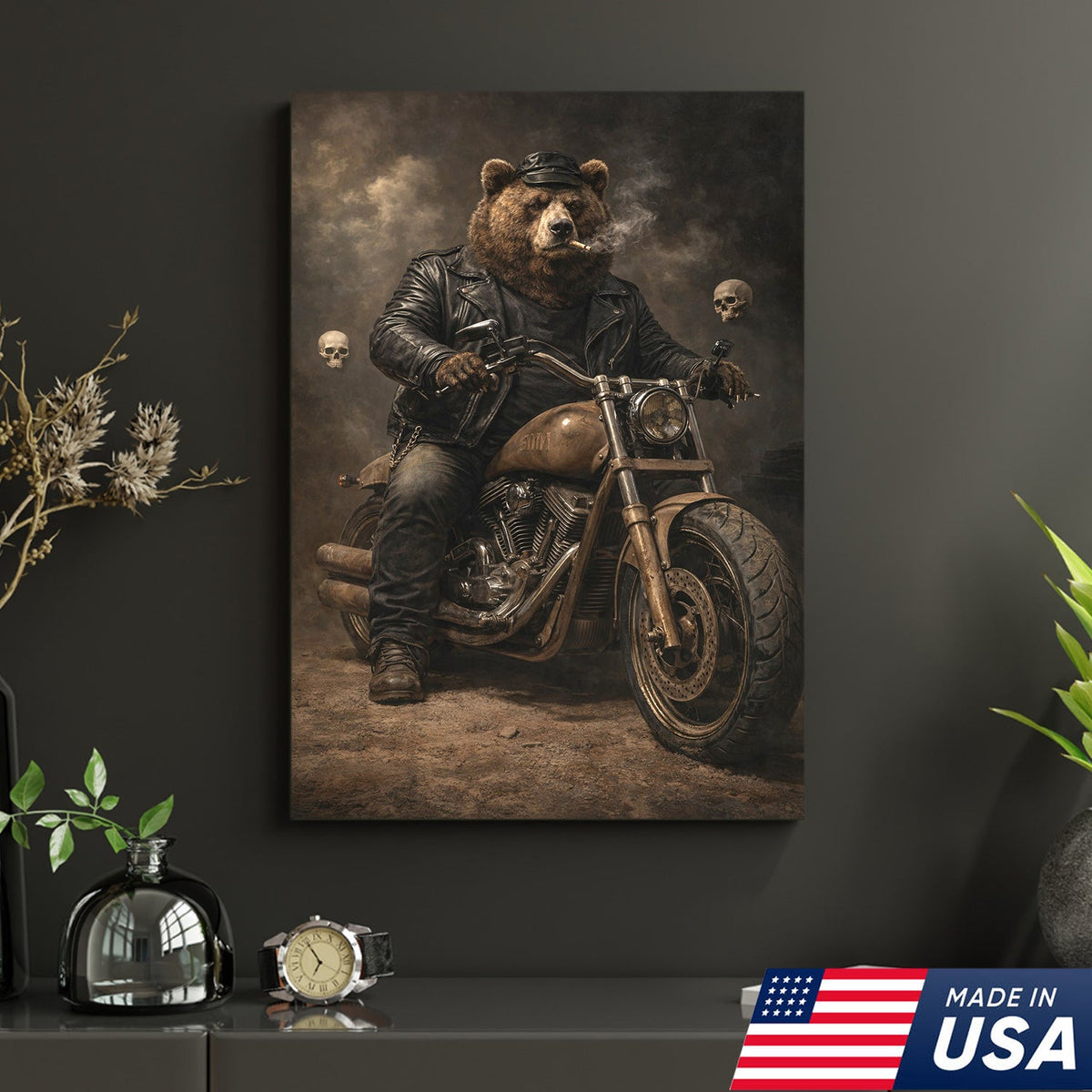 Bear Motorcycle Canvas Print Biker Animal Wall Art Man Cave Decor Gift