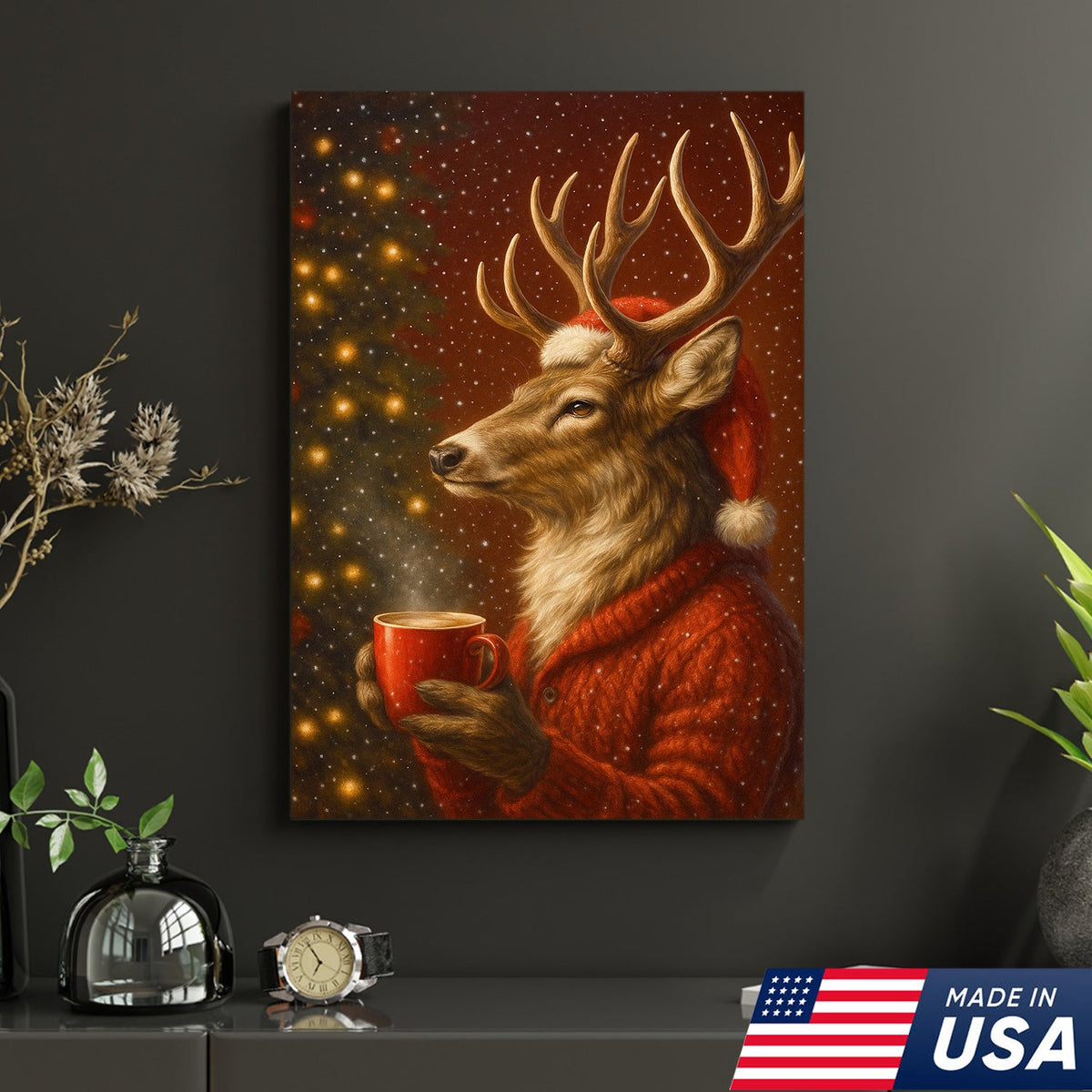 Christmas Deer Drink Coffee In Cozy Sweater Canvas Wall Art - Holiday Cabin Decor