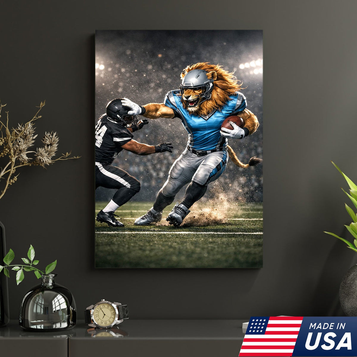 Fearless Lion Football Canvas Wall Art – Powerful Big Cat Athlete Stadium Action Print