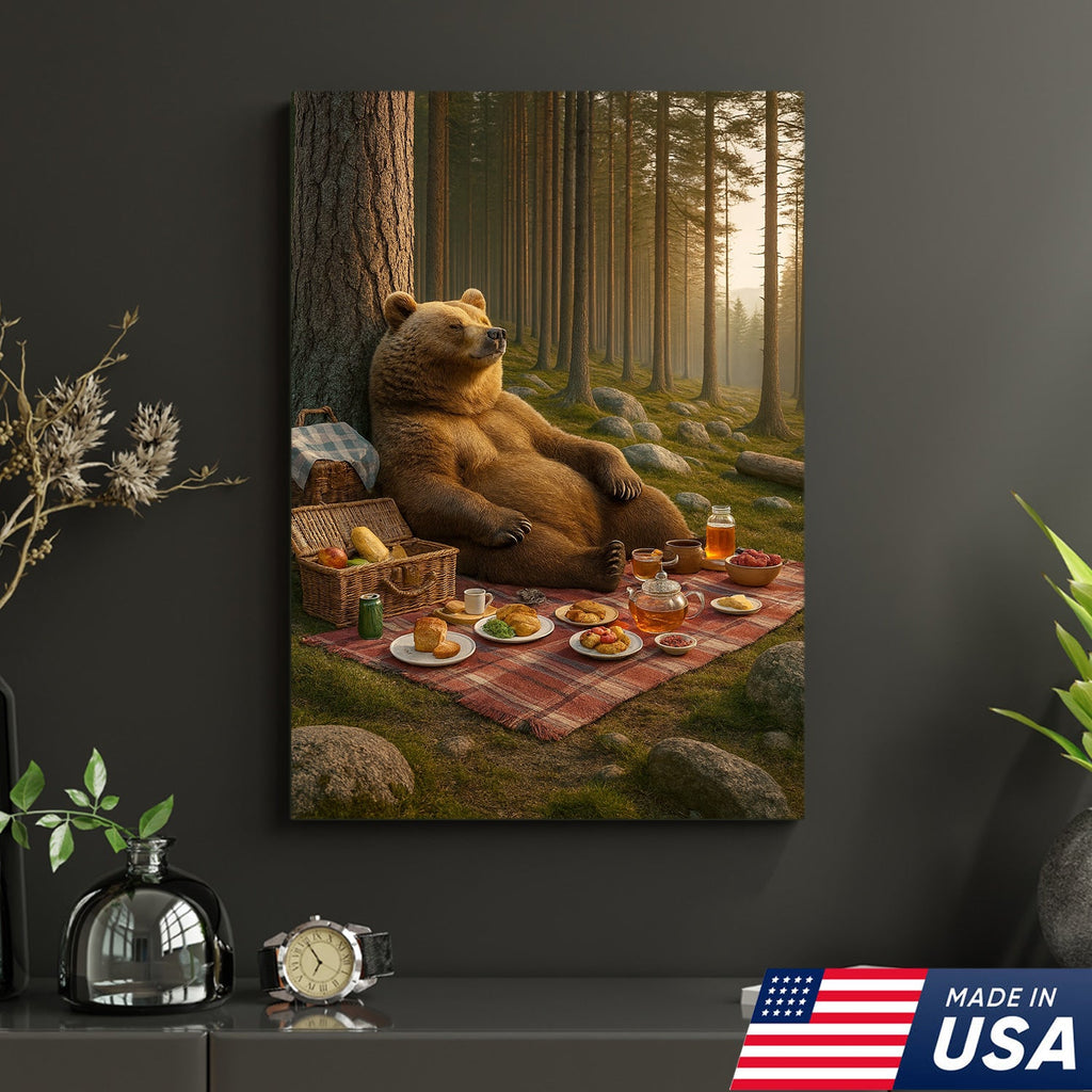 Bear Picnic Forest Wall Art Canvas – Relaxing Woodland Bear Canvas Print for Kitchen Cabin Decor
