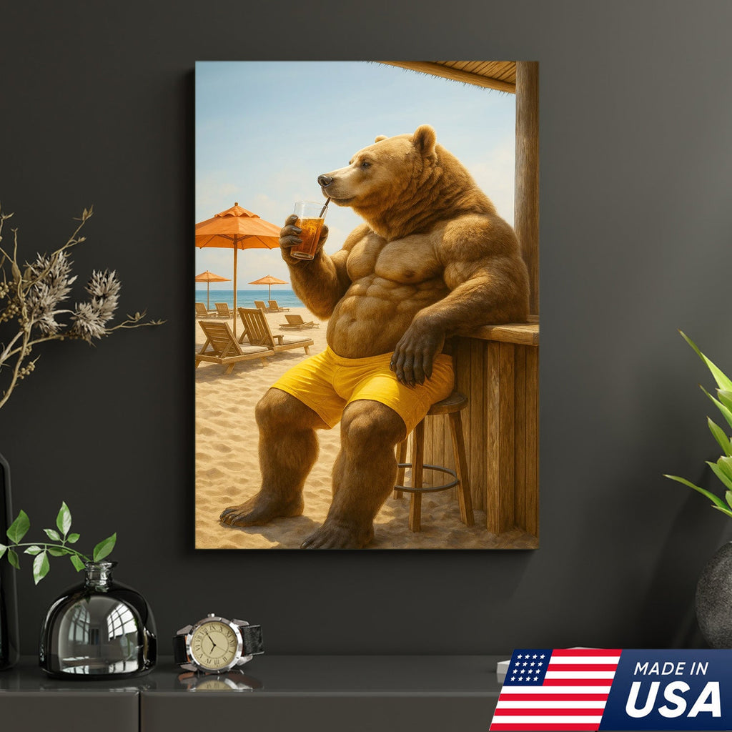 Funny Beach Bear Canvas Wall Art, Summer Vacation Animal Artwork