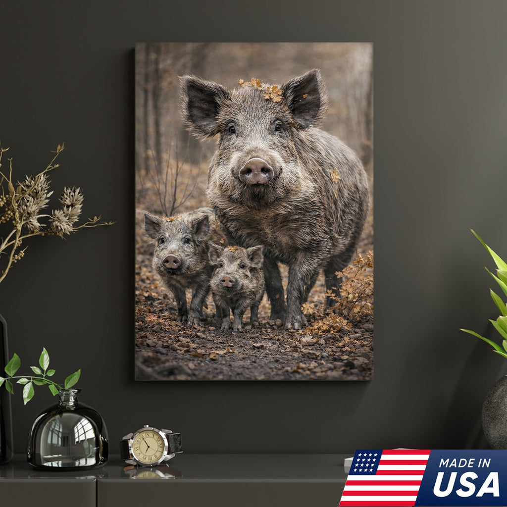 Wild Boar Family Canvas Wall Art – Rustic Forest Wildlife Animal Wall Decor