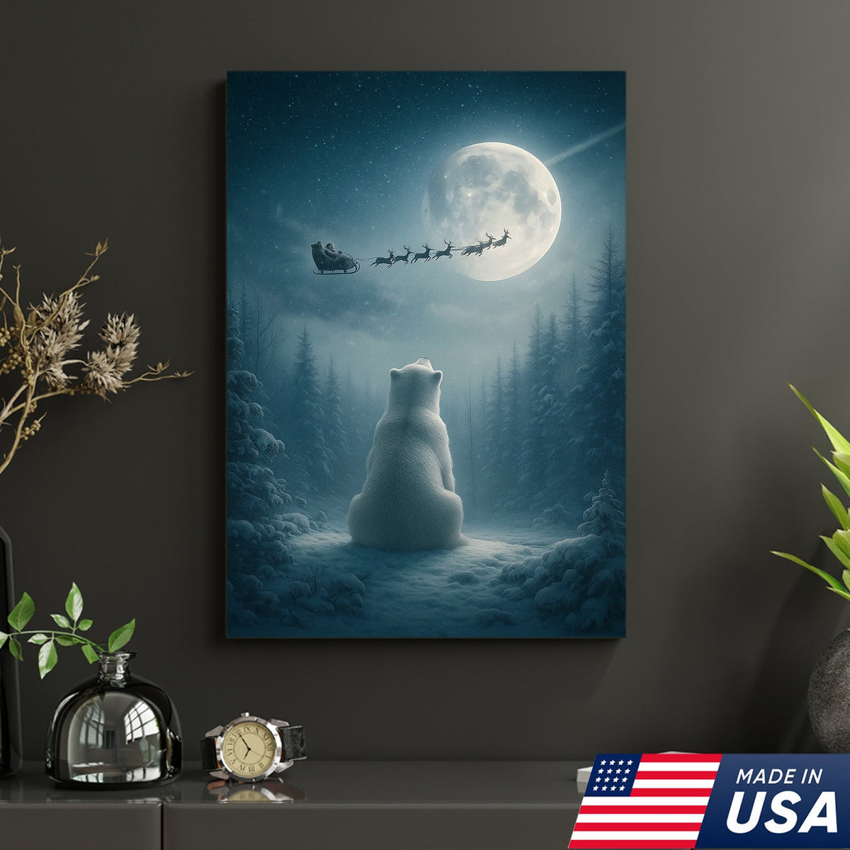 Christmas Polar Bear Santa Sleigh Wall Art Canvas, Winter Night Forest Moon Decor