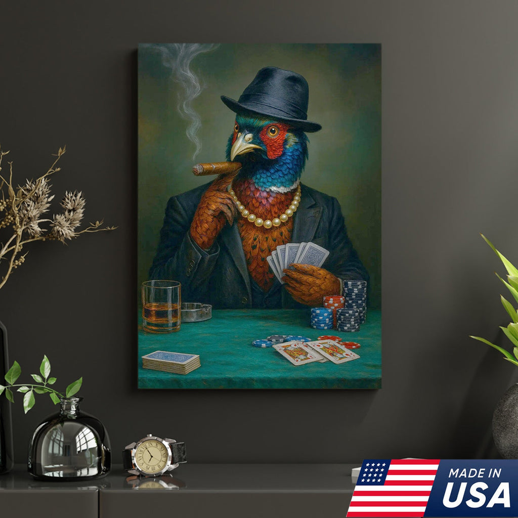 Funny Pheasant Poker Player Canvas Wall Art, Colorful Bird in Suit Casino Decor