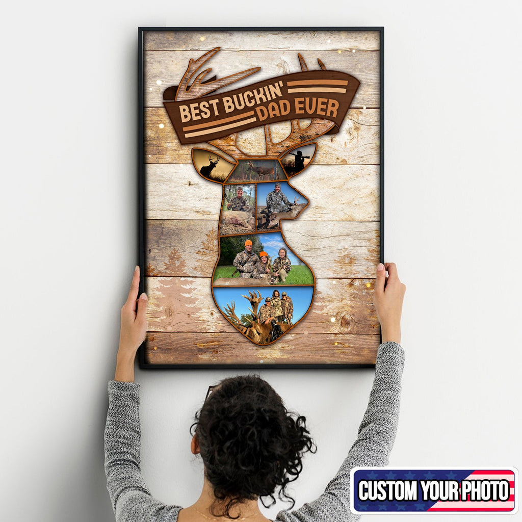 Personalized Best Buckin’ Dad Ever Hunting Photo Collage Canvas – Custom Deer Hunting Gift for Dad