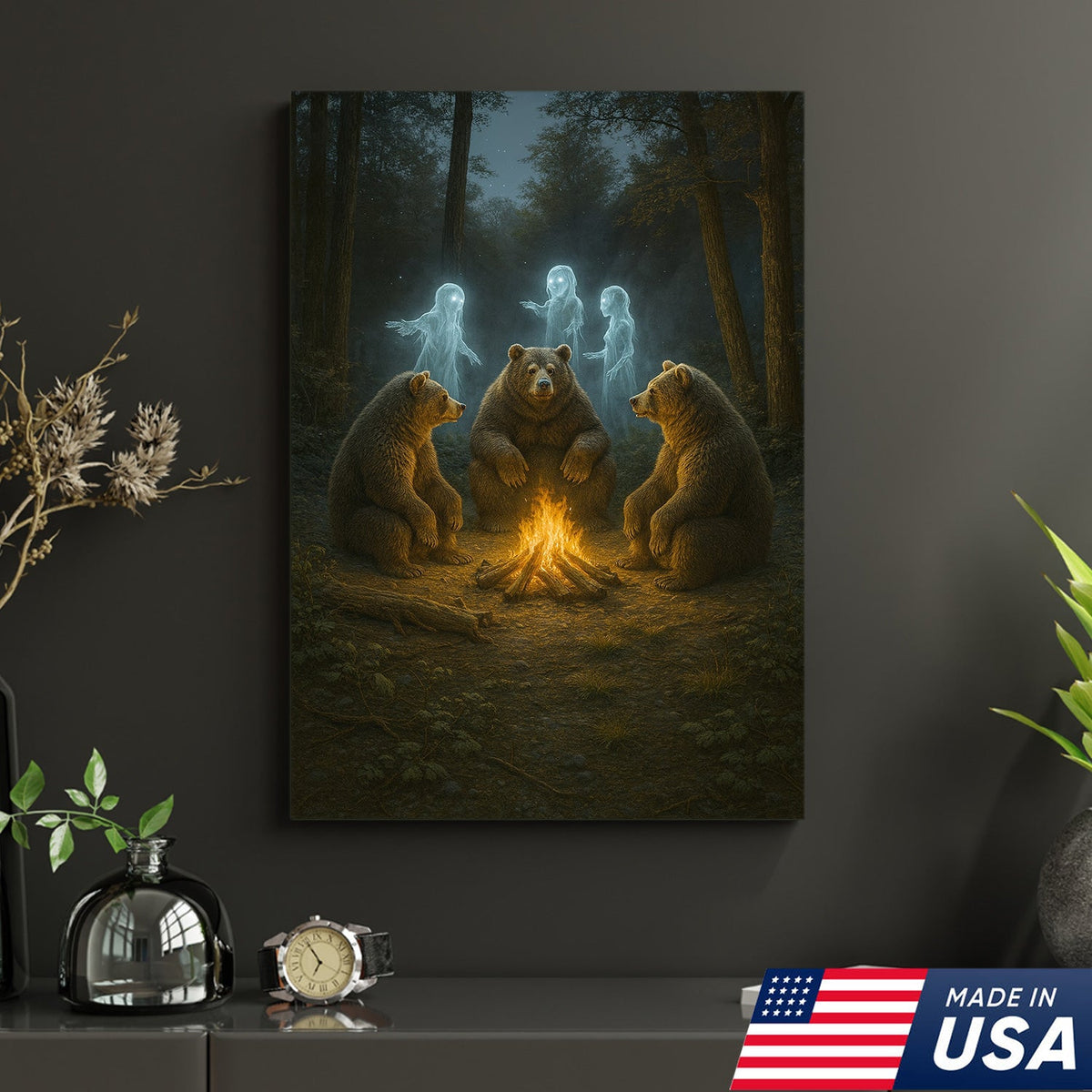 Ghost Bear Campfire Wall Art Canvas – Spooky Forest Spirit Canvas Print for Halloween Decor