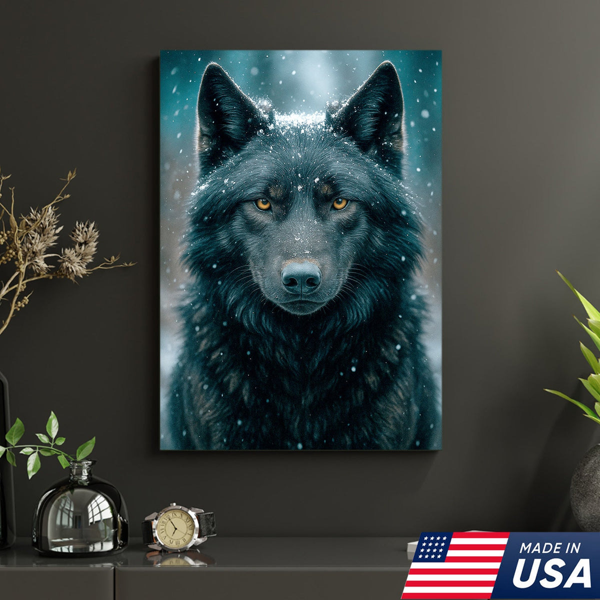 Black Wolf Canvas Wall Art – Rustic Cabin Décor for Hunters, Lodge & Man Cave