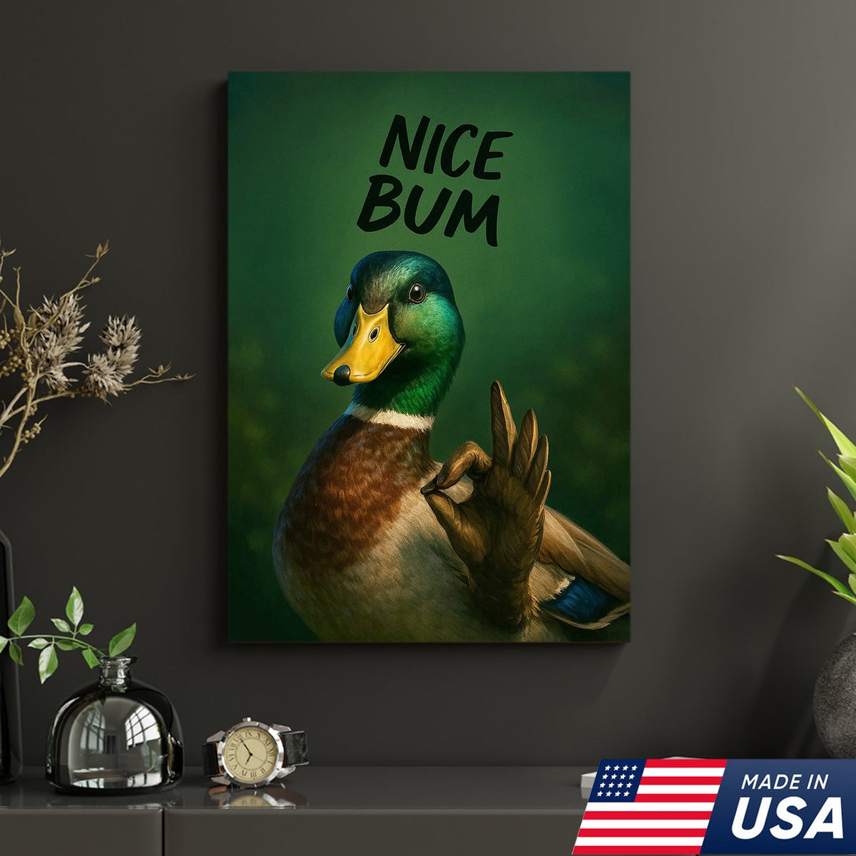 Cheeky Duck Canvas Wall Art – Funny Mallard Humor Print – Playful Rustic Lodge Bathroom Decor