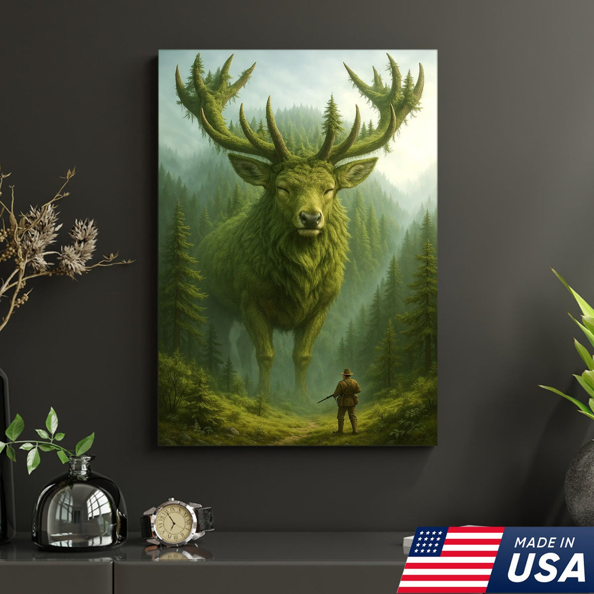 Forest Spirit Deer Wall Art Canvas, Giant Moss Elk with Hunter Fantasy Landscape