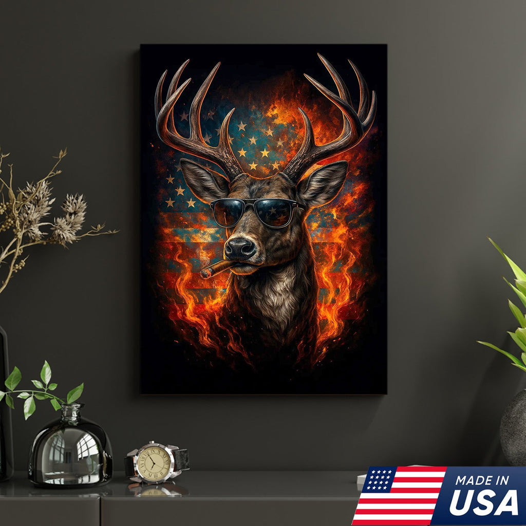 Patriotic Deer Wall Art Canvas – Cool Buck with Sunglasses and American Flag
