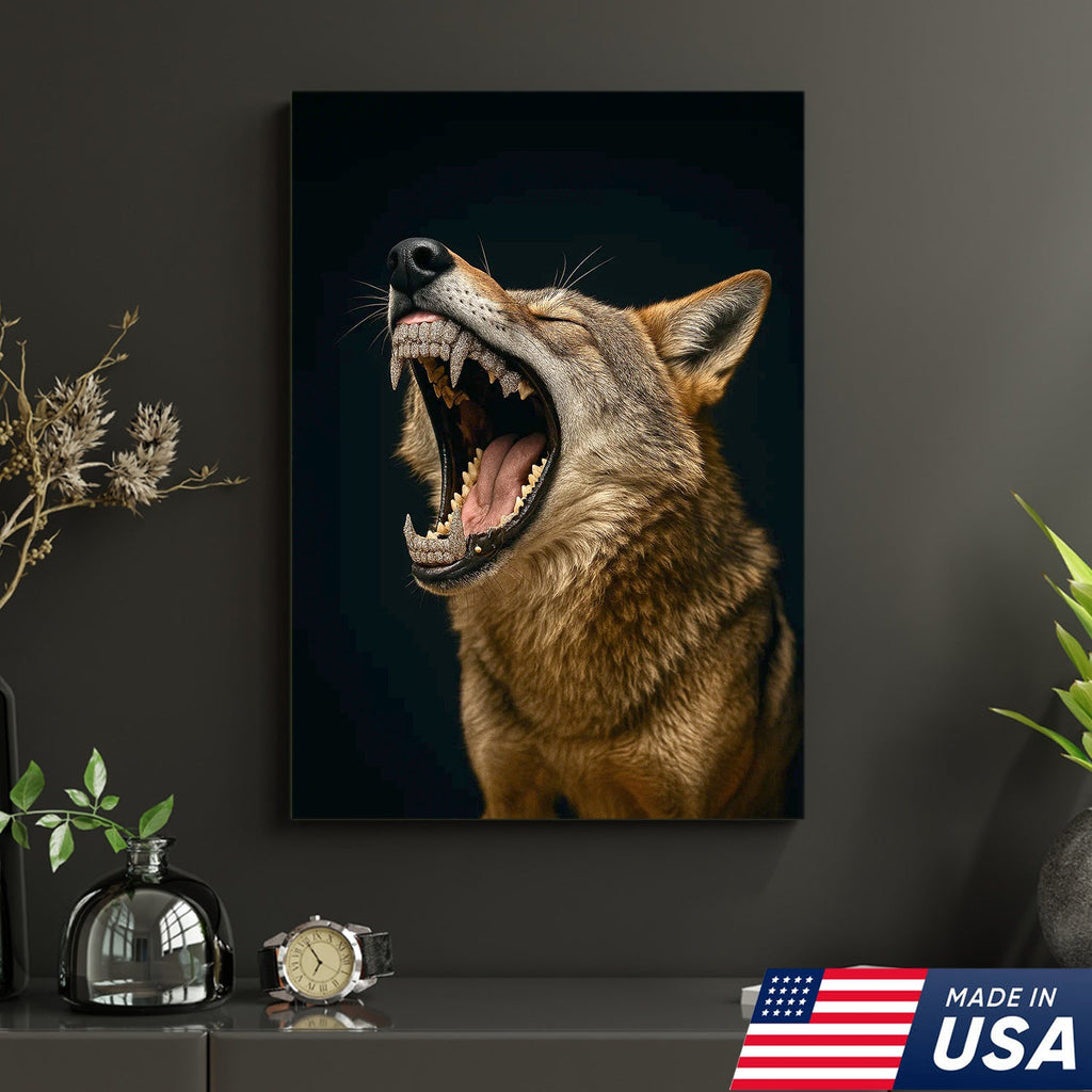 Roaring Wolf Canvas Wall Art, Fierce Animal Portrait Artwork, Rustic Wildlife Decor
