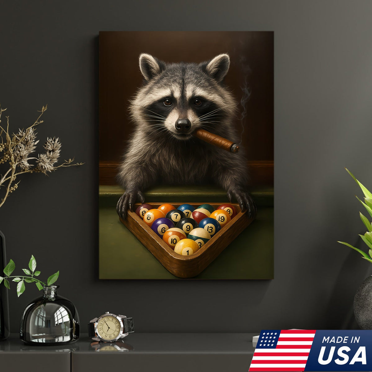 Funny Raccoon Pool Player Canvas – Perfect Gift for Billiards Lovers & Outdoors Men