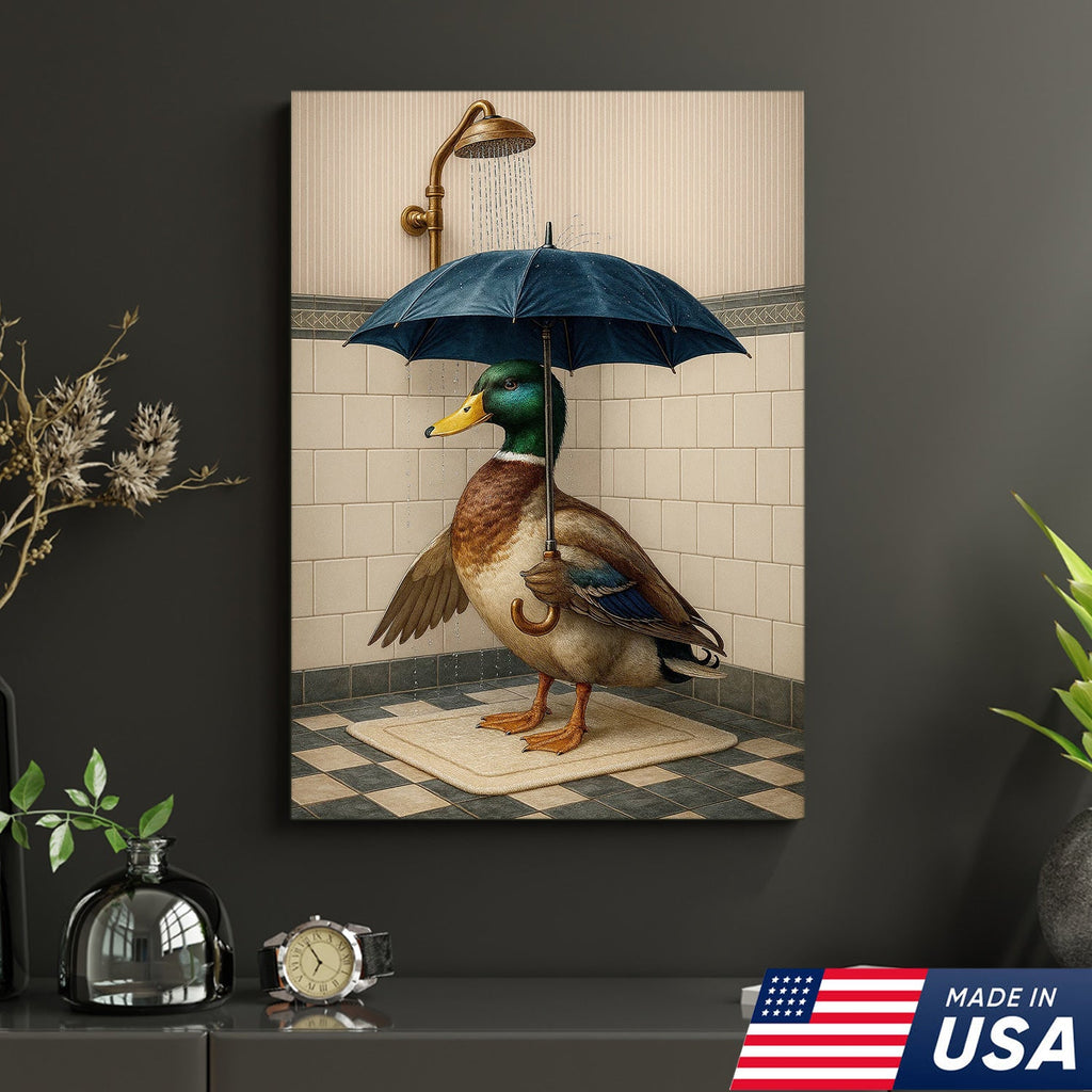 Duck with Umbrella in Shower Canvas Wall Art, Quirky Bathroom Wall Decor