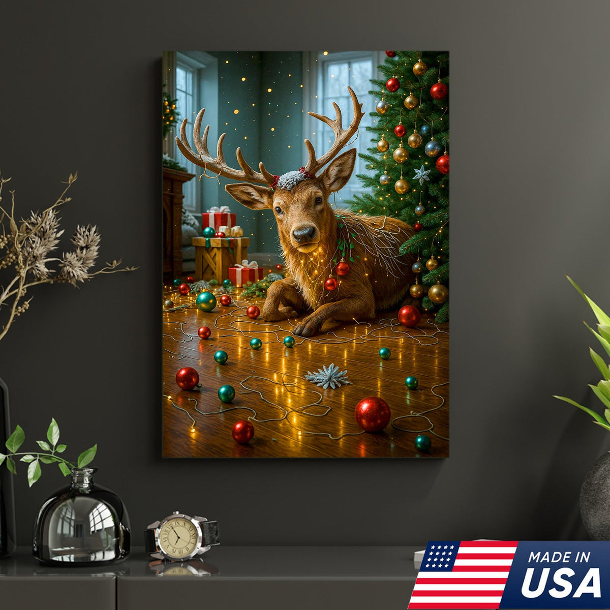 Christmas Reindeer Living Room Canvas Wall Art, Cute Deer With Christmas Tree and Ornaments