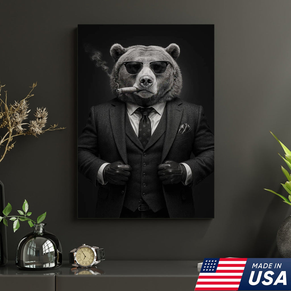 Bear in Suit Canvas Wall Art, Black and White Animal Portrait, Modern Office Decor for Men
