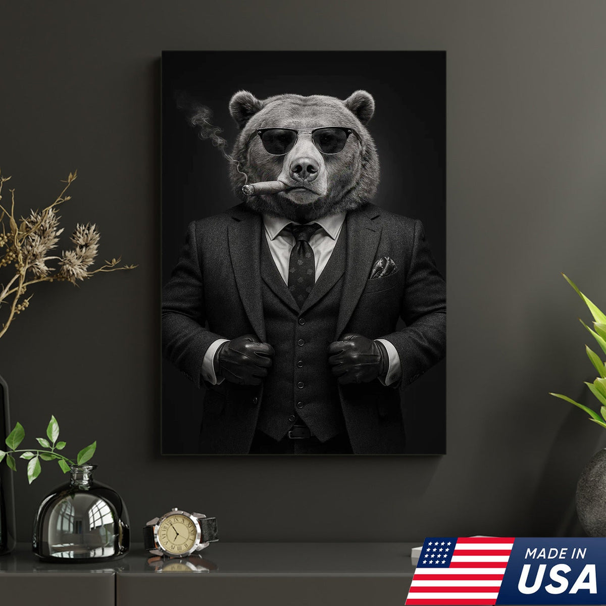 Bear in Suit Canvas Wall Art, Black and White Animal Portrait, Modern Office Decor for Men