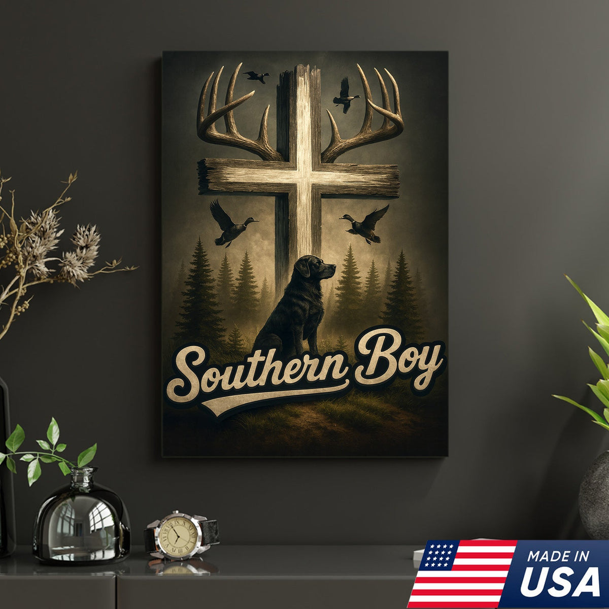 Southern Boy Canvas Wall Art, Deer Antler Cross with Labrador Retriever and Flying Ducks