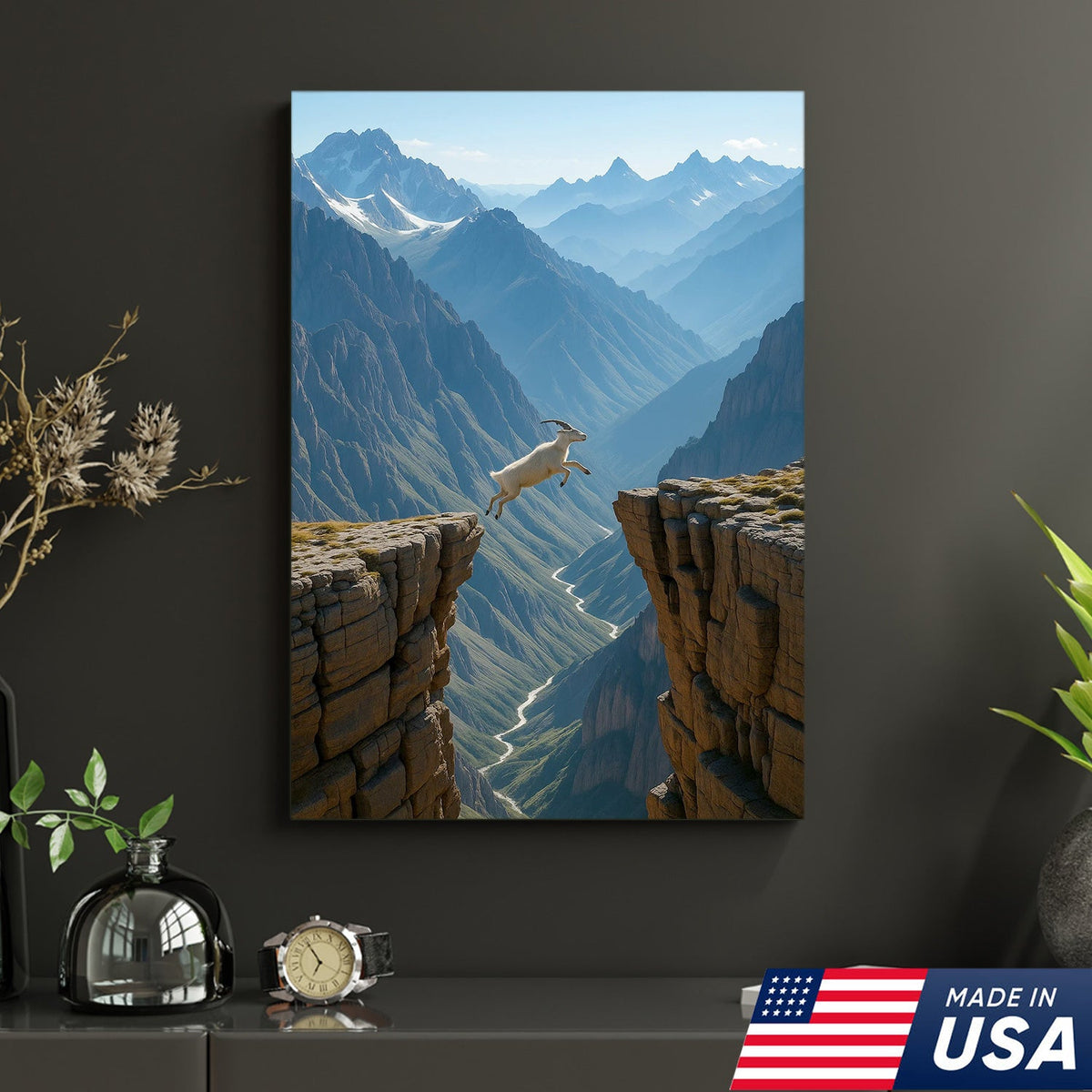 Mountain Goat Cliff Jump Canvas Wall Art, Alpine Canyon Landscape Print