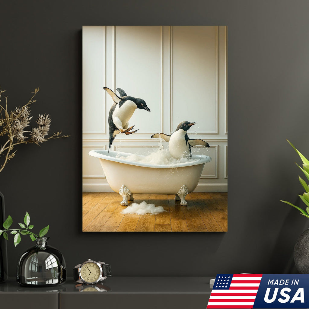 Playful Penguin Bubble Bath Wall Art Canvas, Jumping Penguins in Bathtub Bathroom Decor