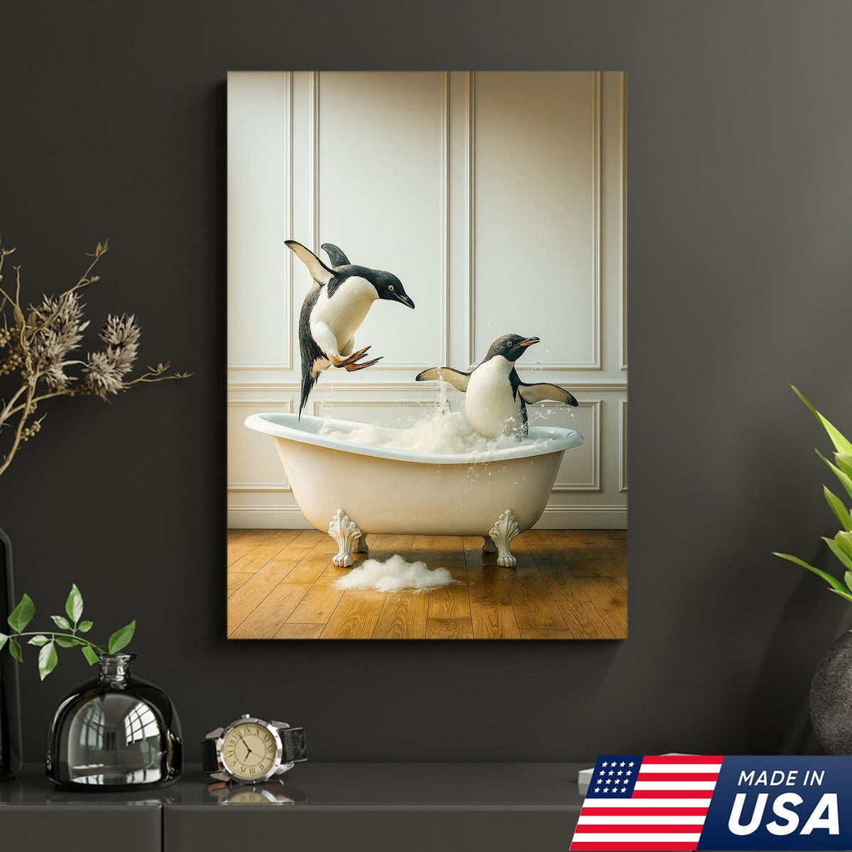 Playful Penguin Bubble Bath Wall Art Canvas, Jumping Penguins in Bathtub Bathroom Decor