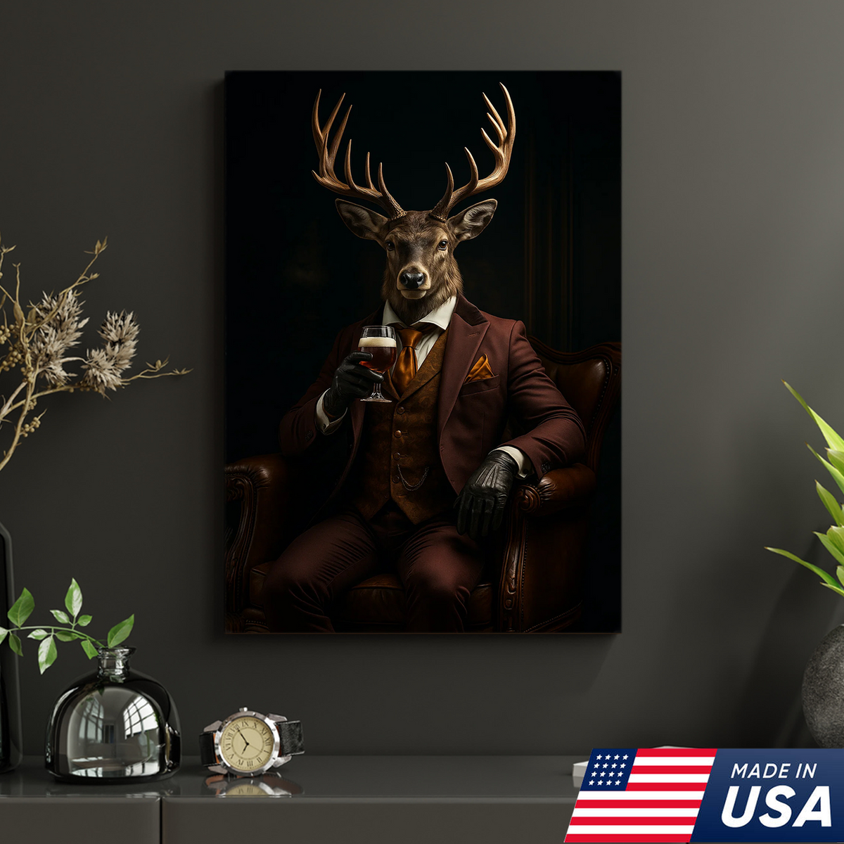 Deer Gentleman Canvas Wall Art – Rustic Lodge Decor, Anthropomorphic Buck in Suit