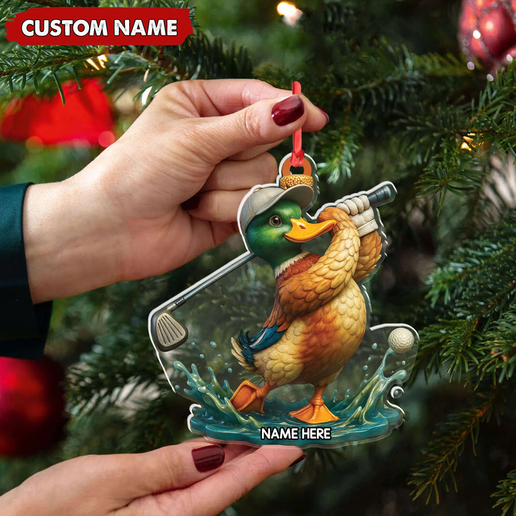 Personalized Acrylic Duck Golf Christmas Ornament – Custom Name Funny Hunter Gift for Golf Lovers