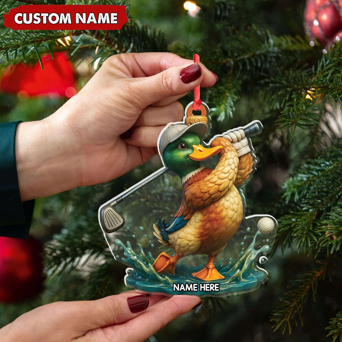Personalized Acrylic Duck Golf Christmas Ornament – Custom Name Funny Hunter Gift for Golf Lovers